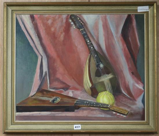 Marion Lewin (1922-79), oil on board, Still life of musical instruments, signed, 50 x 60cm